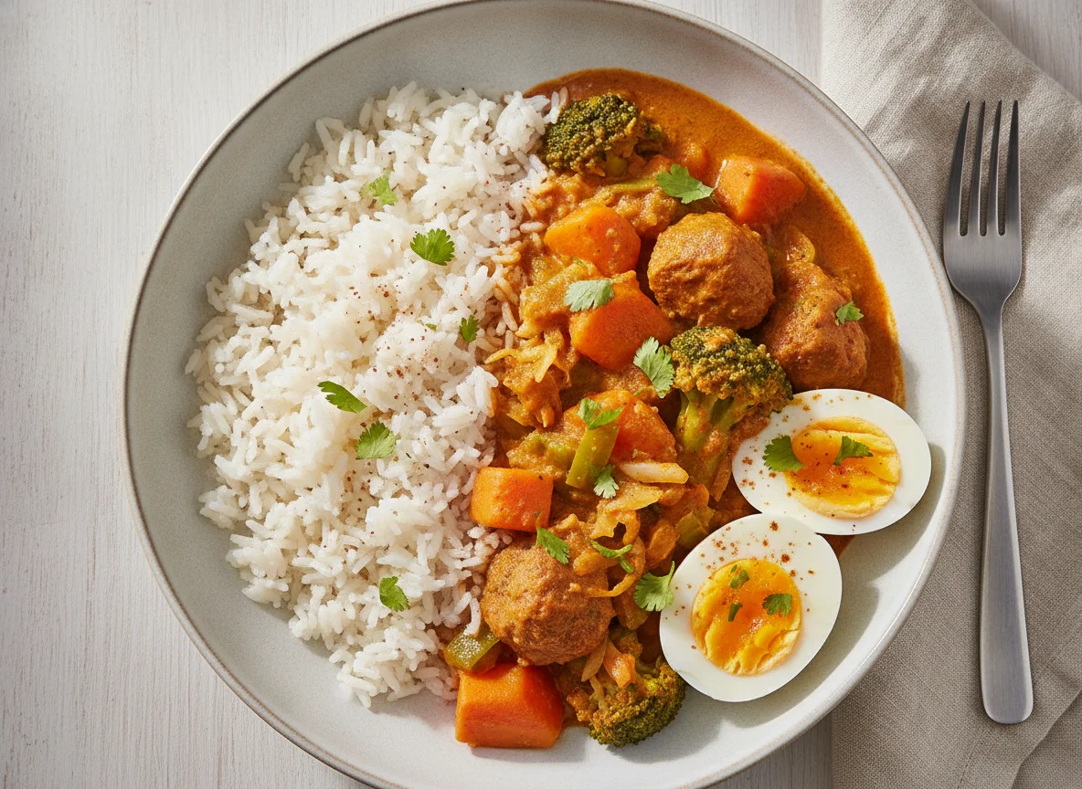 Vegetable Curry with Rice and Boiled Eggs photo
