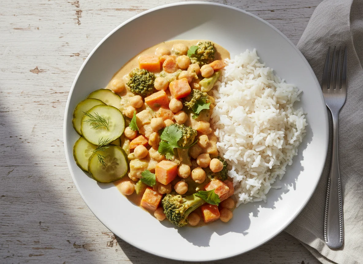 Vegetable Curry with Rice and Pickled Cucumber photo