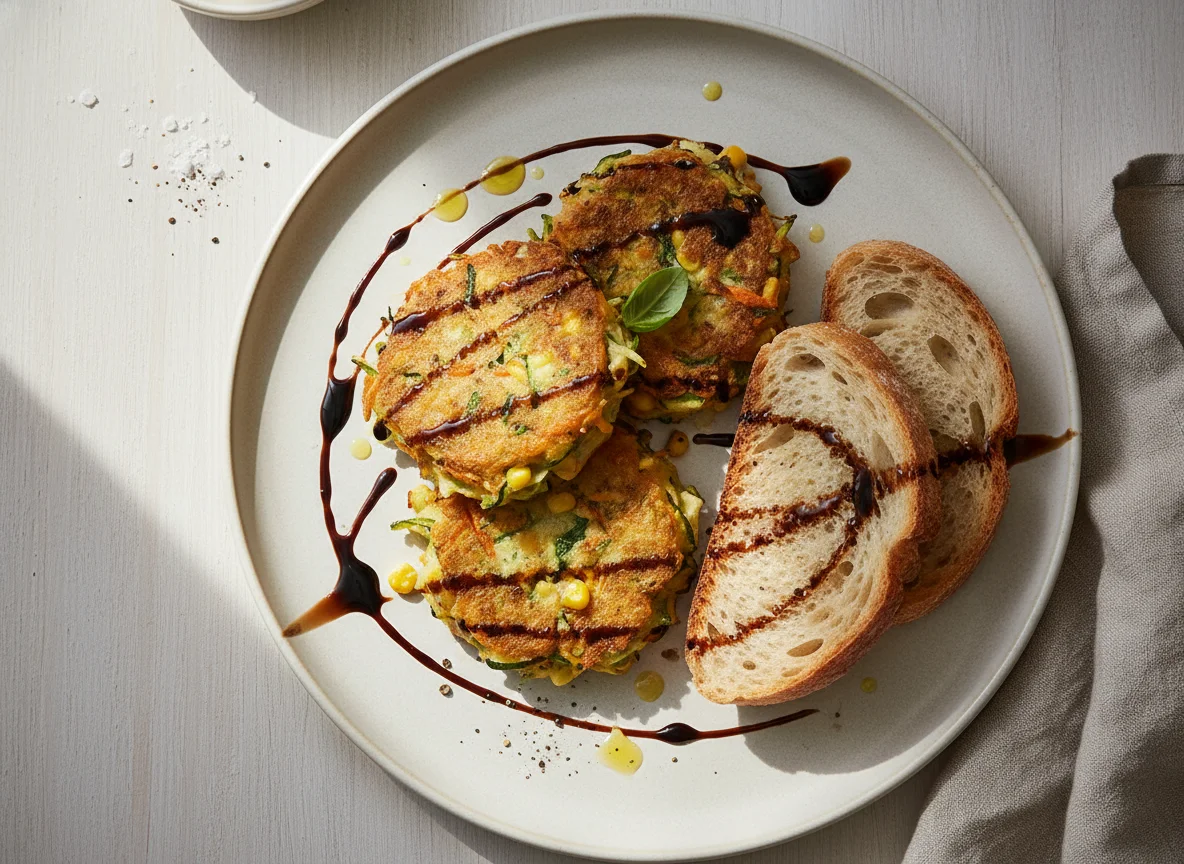 Vegetable Fritter with Bread and Balsamic Glaze photo