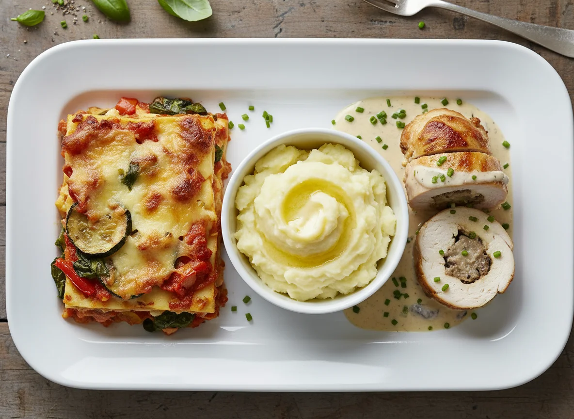 Vegetable Lasagne, Mashed Potato, and Chicken Roll photo