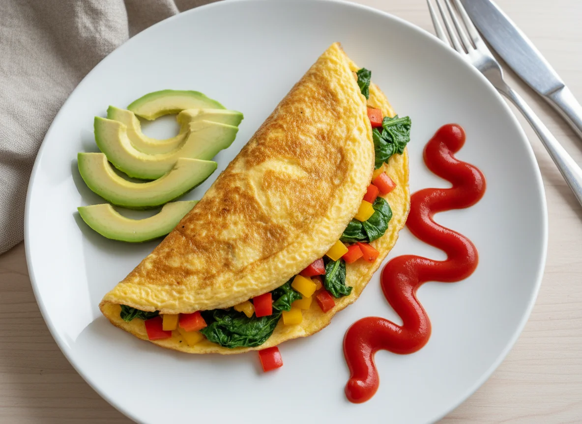 Vegetable Omelette with Avocado and Ketchup photo