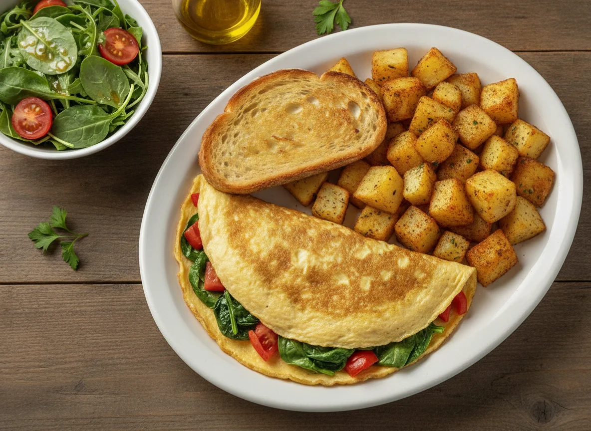 Vegetable Omelette with Sourdough Toast, Home Fries, and Side Salad photo