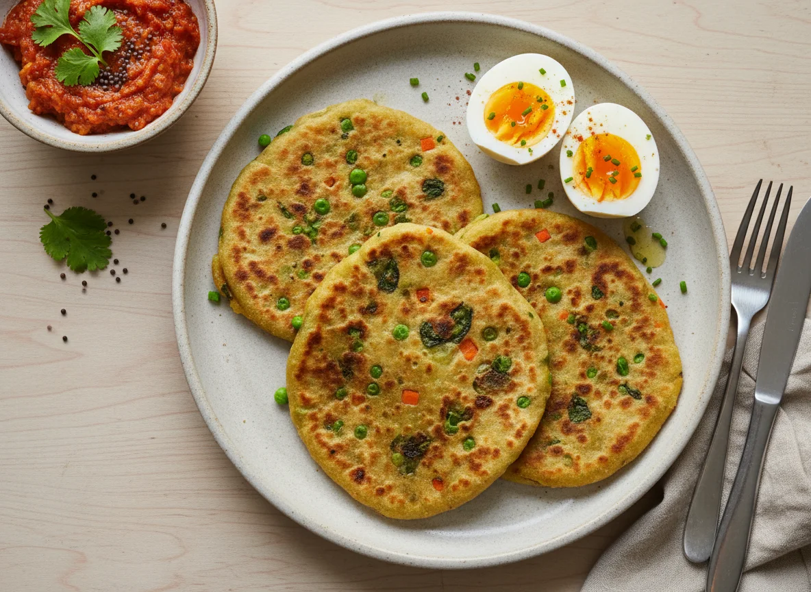 Vegetable Paratha with Tomato Chutney and Boiled Eggs photo