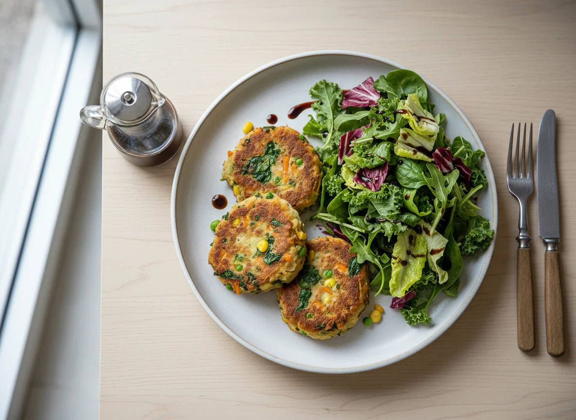 Vegetable patties with mixed green salad photo