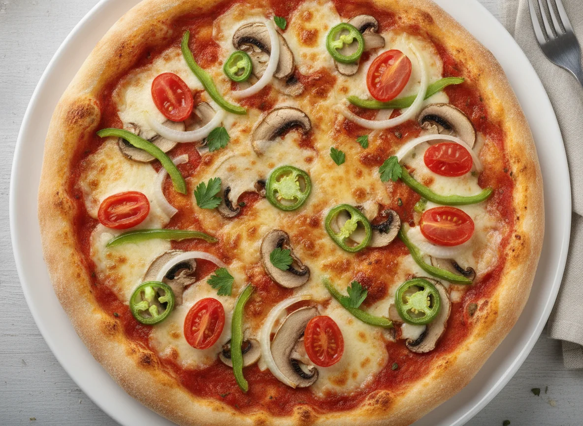 Vegetable Pizza with Jalapenos and Mushrooms photo
