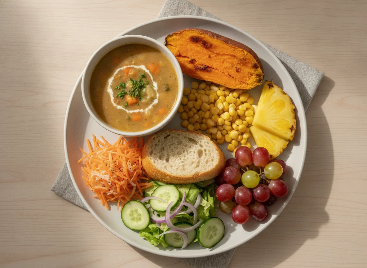 Vegetable plate with soup and fruit photo
