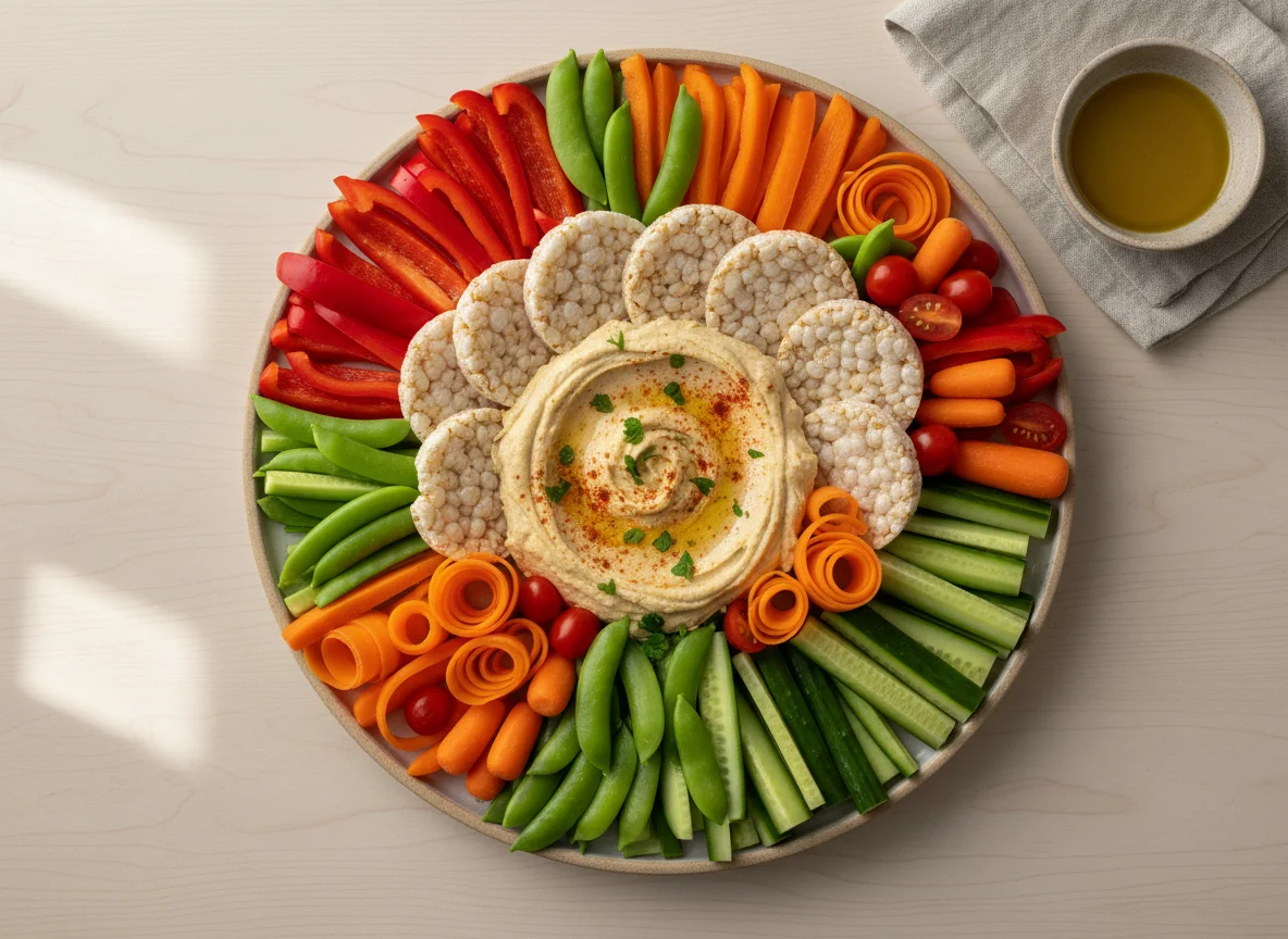 Vegetable Platter with Hummus and Rice Cake photo