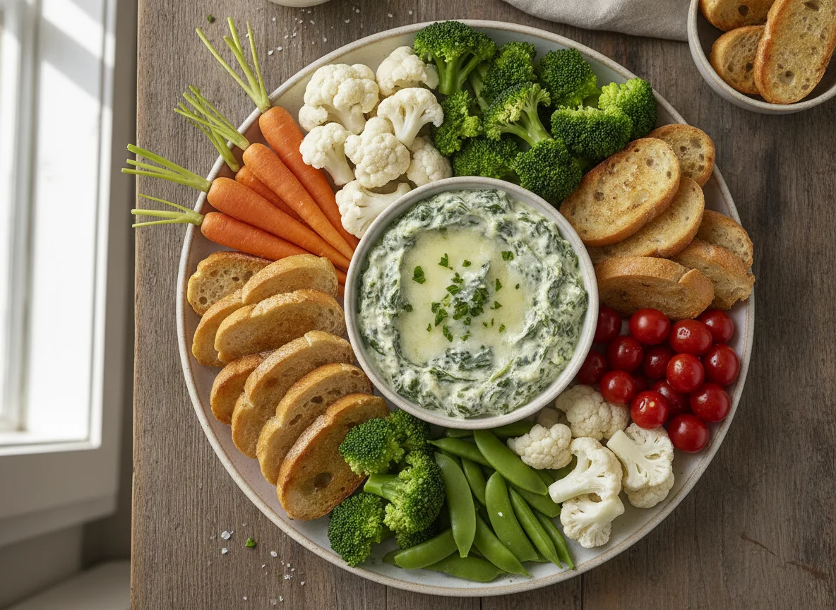 Vegetable Platter with Spinach Dip and Baguette photo