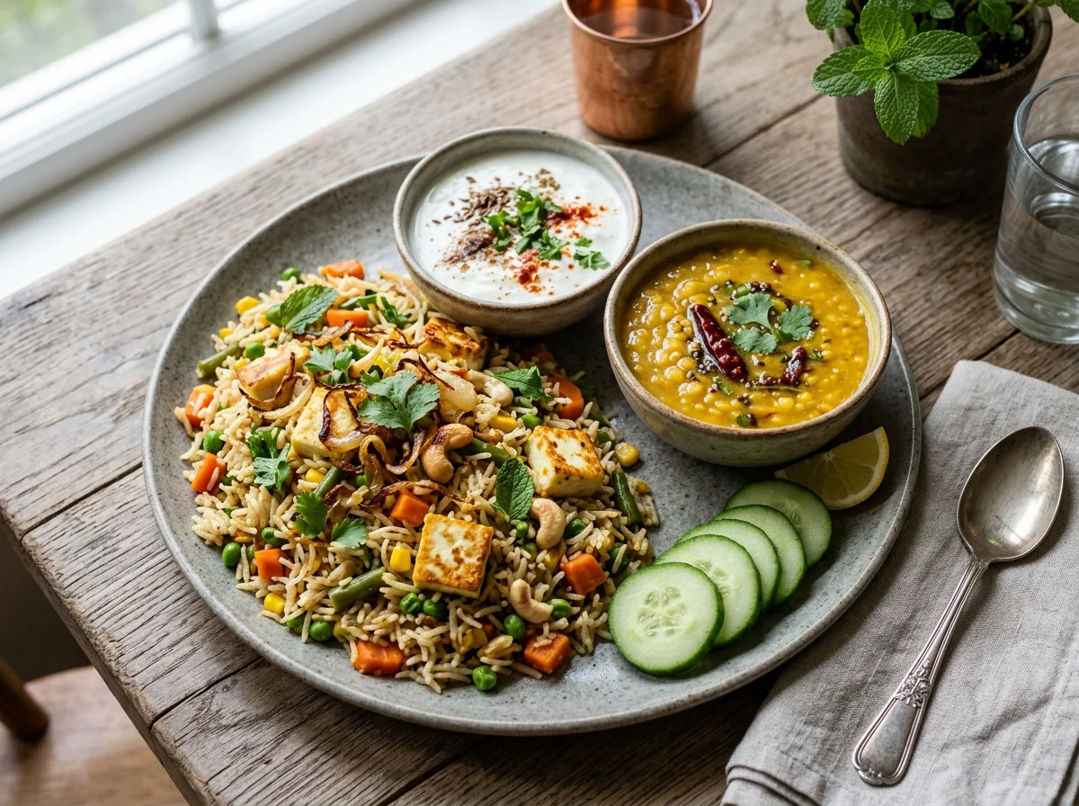Vegetable Pulao with Curd, Cucumber, and Dal photo