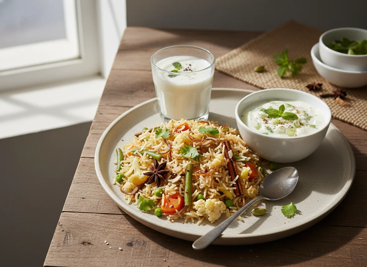 Vegetable Pulao with Raita and Buttermilk photo