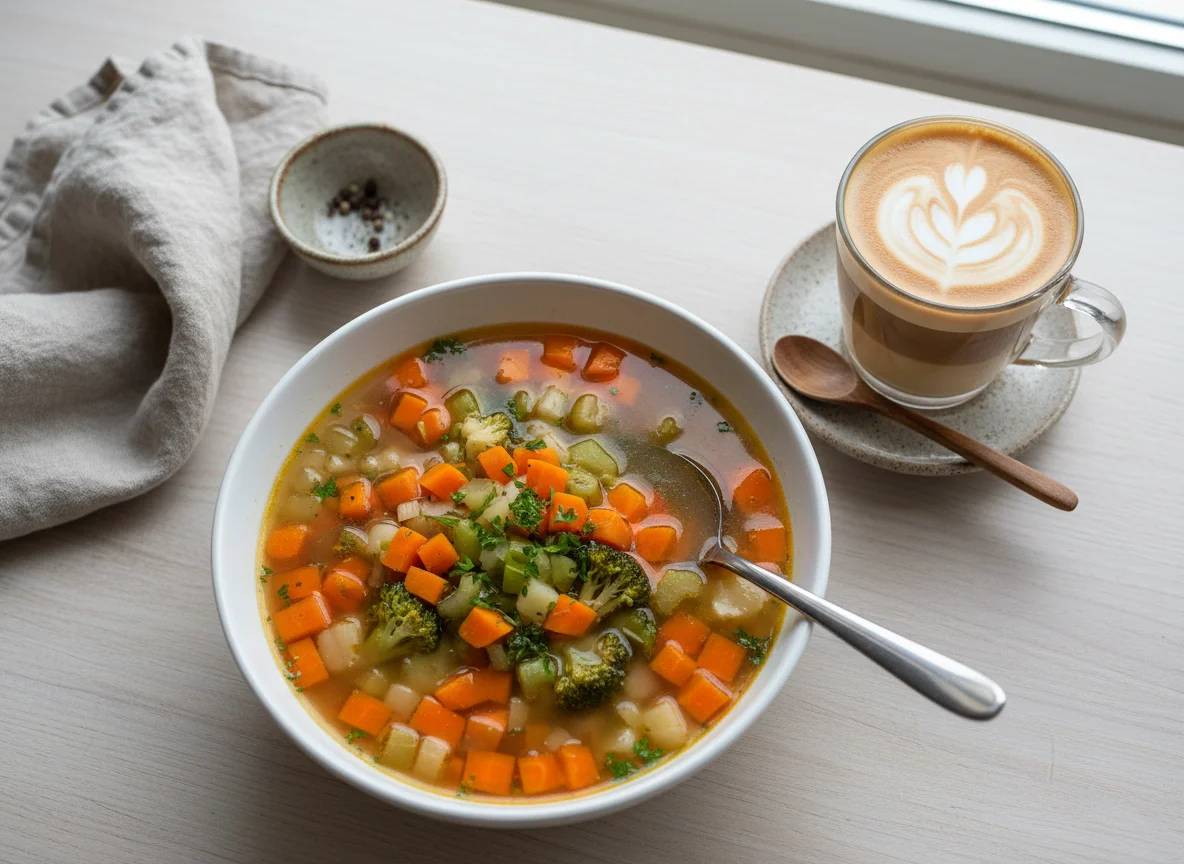 Vegetable Soup and Coffee with Milk photo
