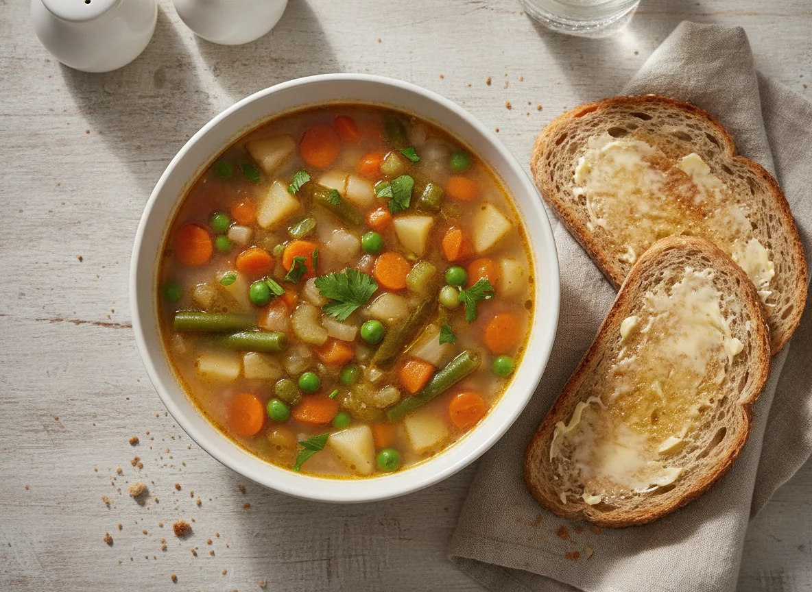 Vegetable soup with buttered wholemeal toast photo