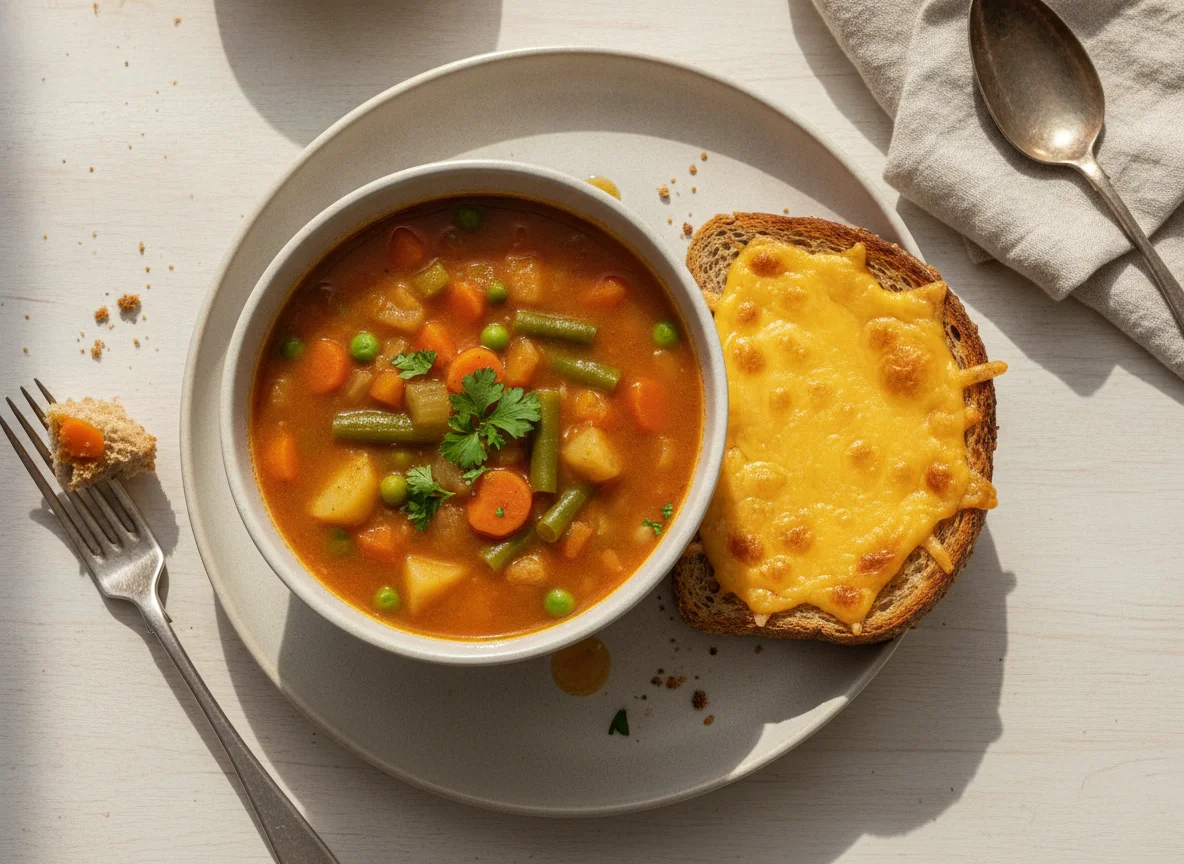 Vegetable soup with cheese on toast photo