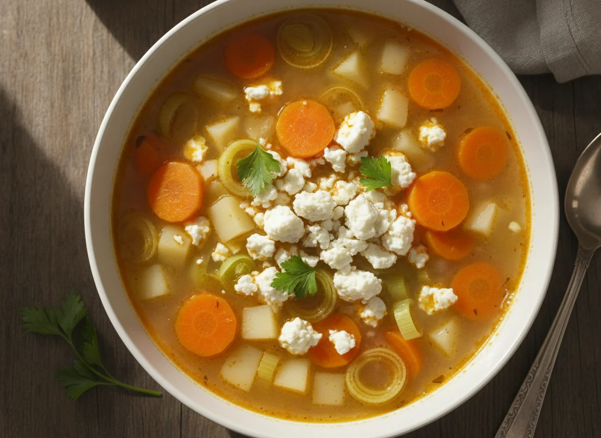 Vegetable soup with feta cheese photo