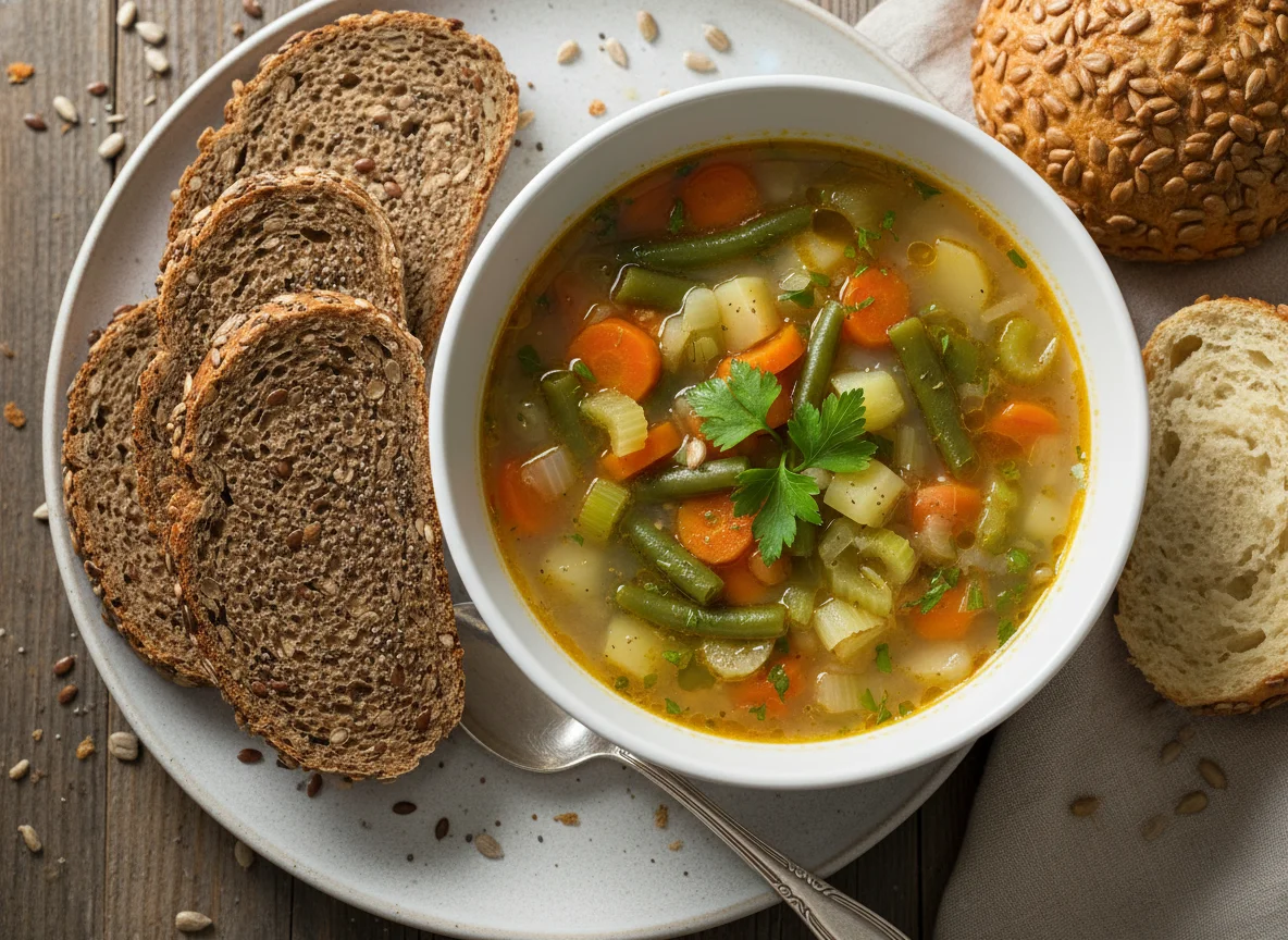 Vegetable soup with protein bread and sunflower seed roll photo