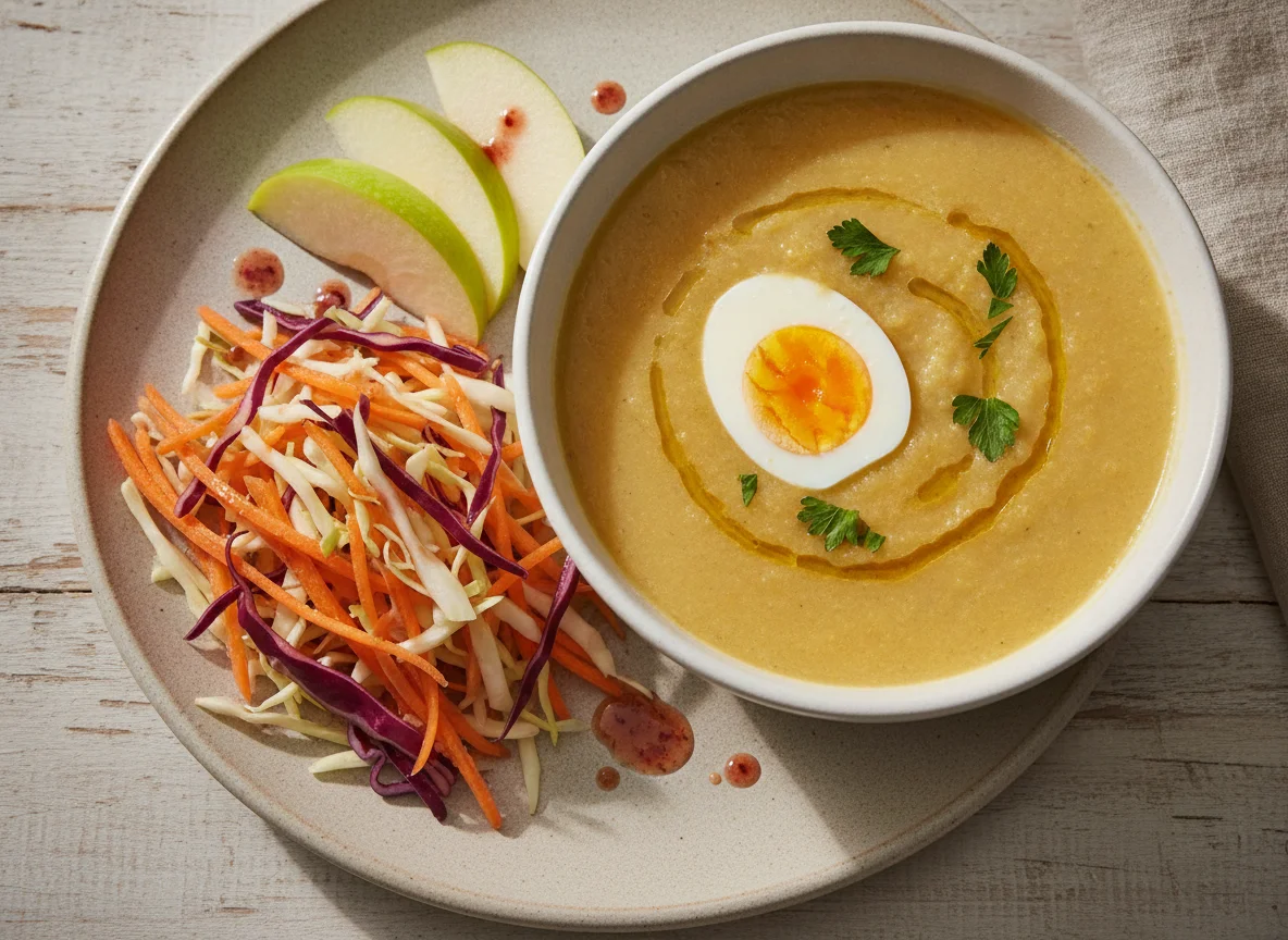 Vegetable soup with side salad and fruit photo