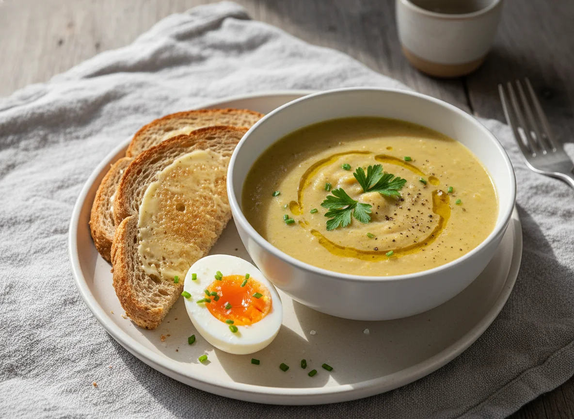 Vegetable Soup with Toast and Boiled Egg photo