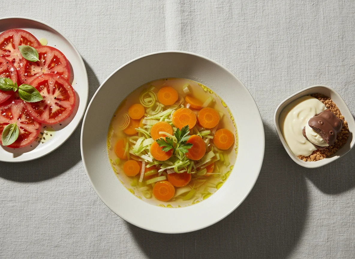Vegetable Soup with Tomato Salad and Chocolate Snack photo