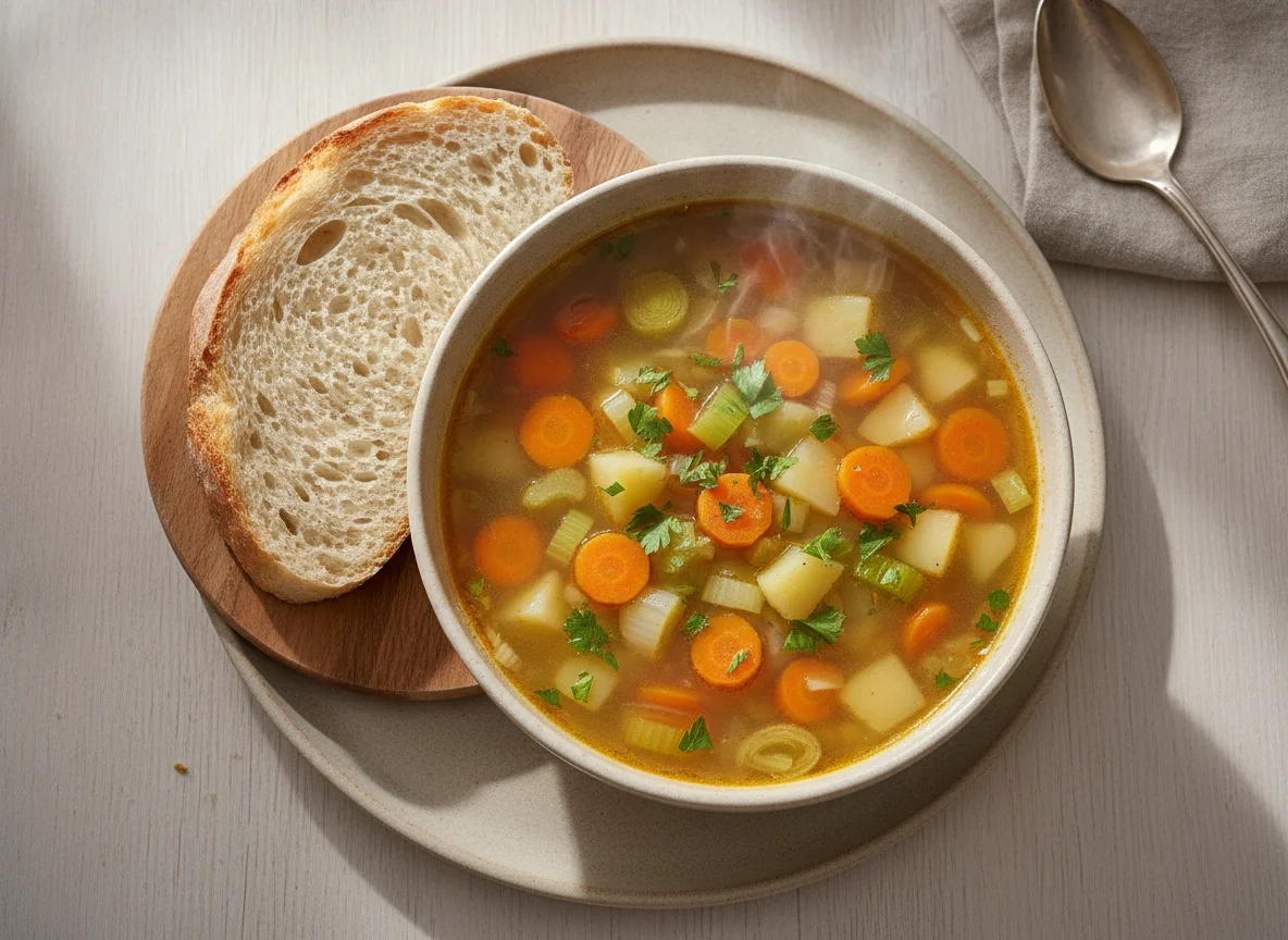 Vegetable soup with white bread photo