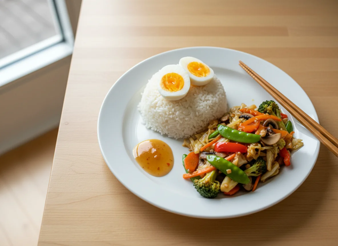 Vegetable Stir-fry with Rice and Egg photo