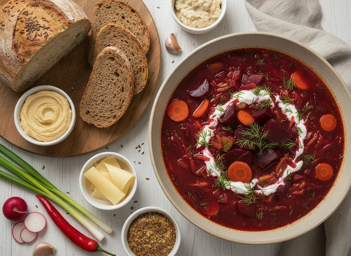 Vegetarian Borscht with Bread and Accompaniments photo