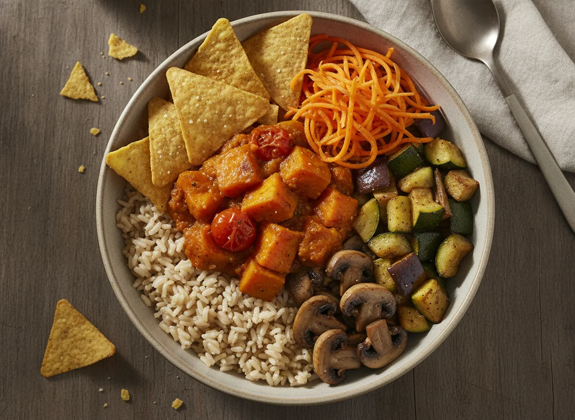 Vegetarian Bowl with Rice, Tortilla Chips, and Roasted Vegetables photo