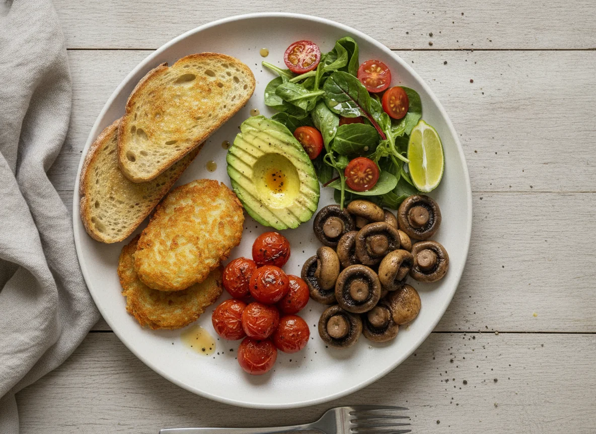 Vegetarian Breakfast Plate with Avocado and Hash Browns photo
