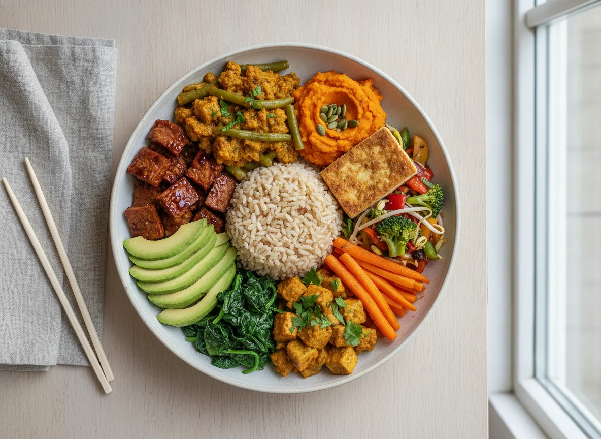 Vegetarian Buddha Bowl with Avocado and Tempeh photo