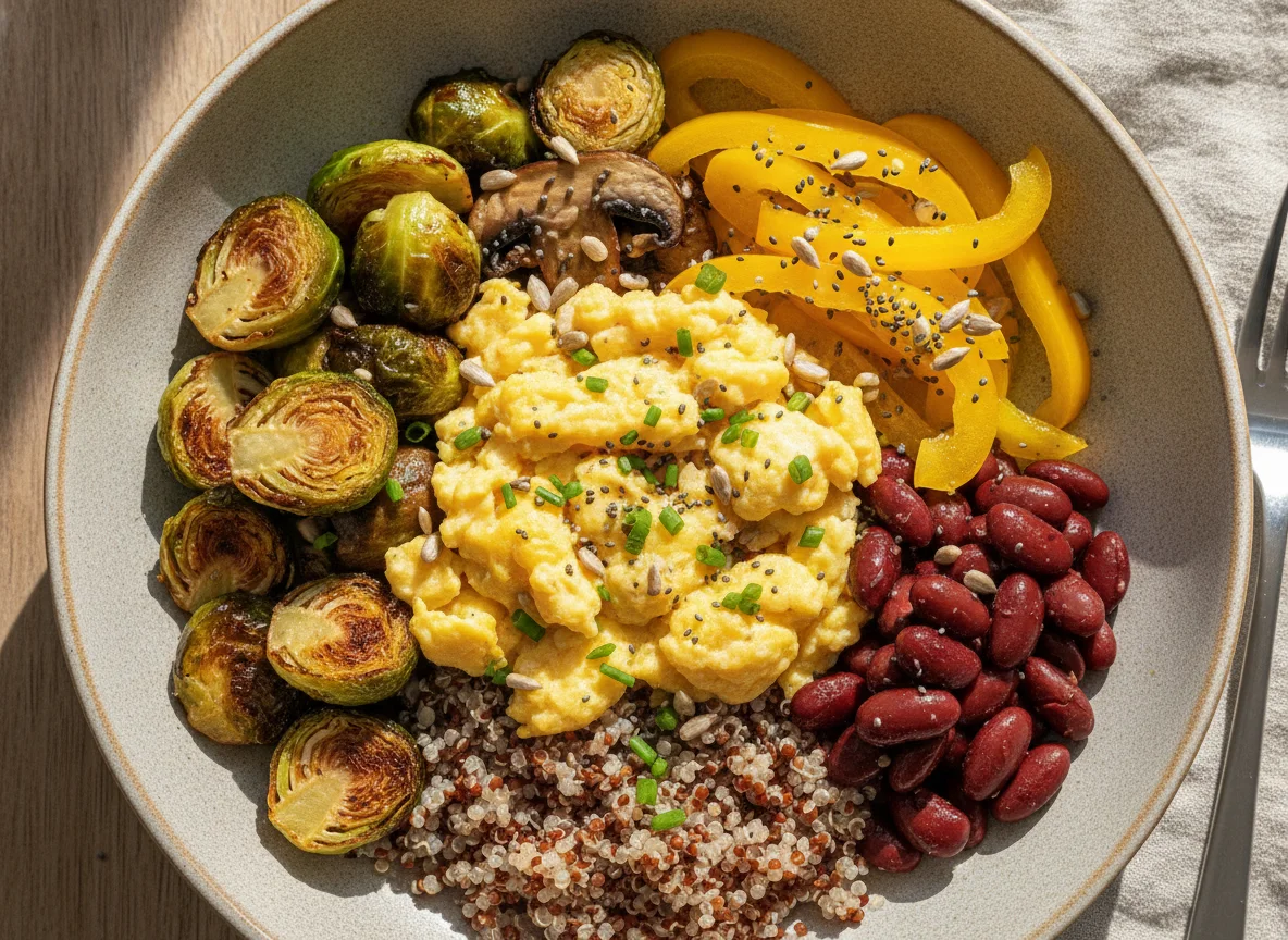 Vegetarian Buddha Bowl with Scrambled Eggs and Brussels Sprouts photo