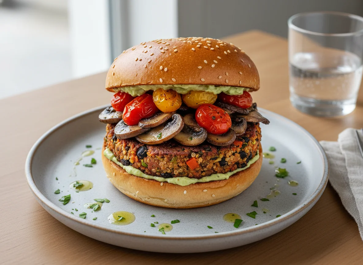 Vegetarian Burger on Brioche with Mushrooms and Tomatoes photo