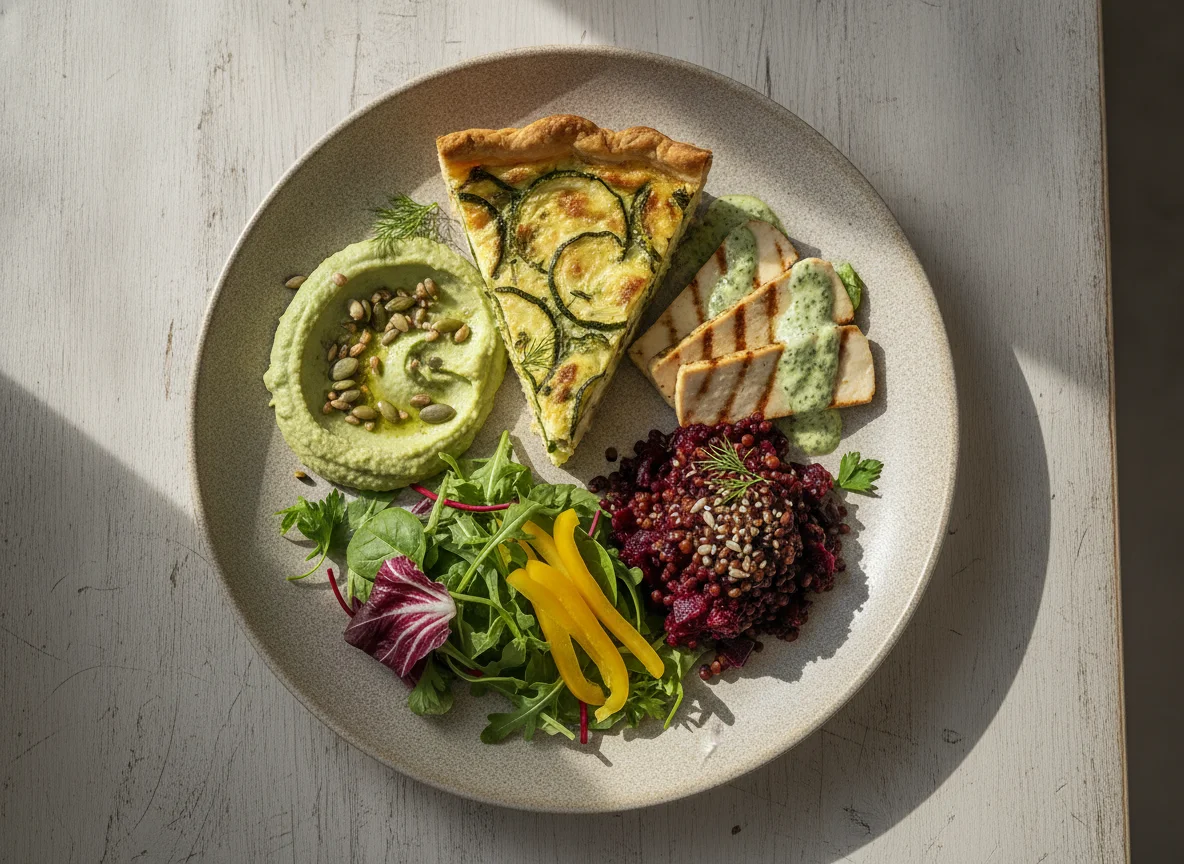 Vegetarian lunch plate with quiche, hummus, and beet salad photo