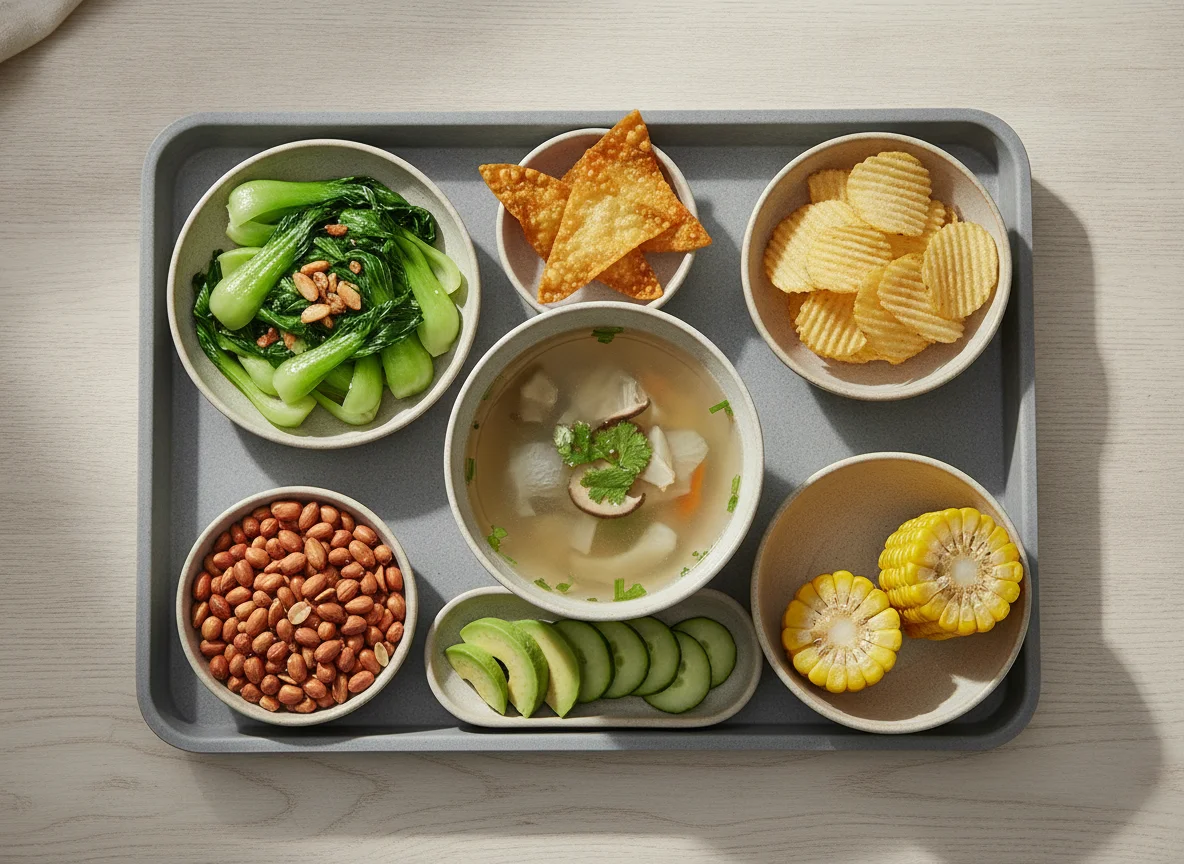 Vegetarian Meal Tray with Peanuts and Greens photo
