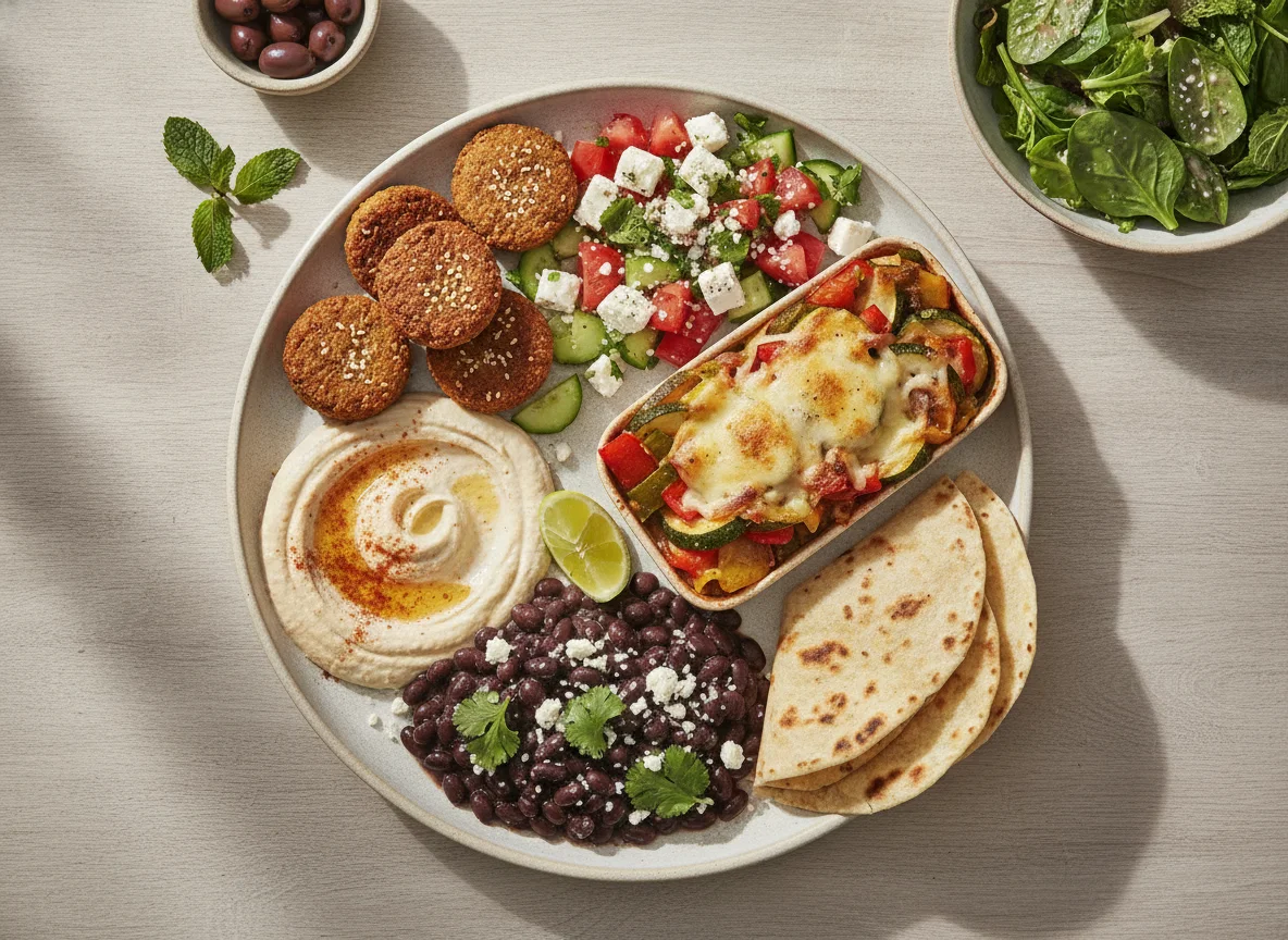 Vegetarian Platter with Falafel, Salad, and Black Beans photo