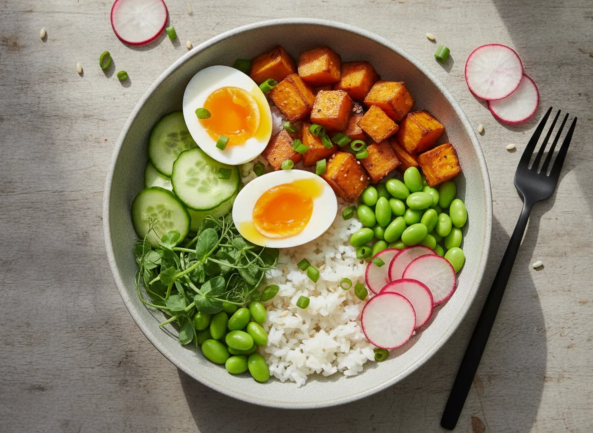 Vegetarian Poke Bowl with Soft Boiled Egg and Roasted Sweet Potato photo