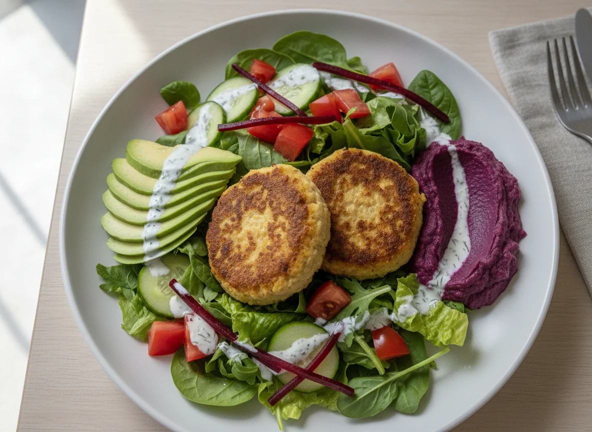 Vegetarian Salad Plate with Chickpea Patty and Avocado photo
