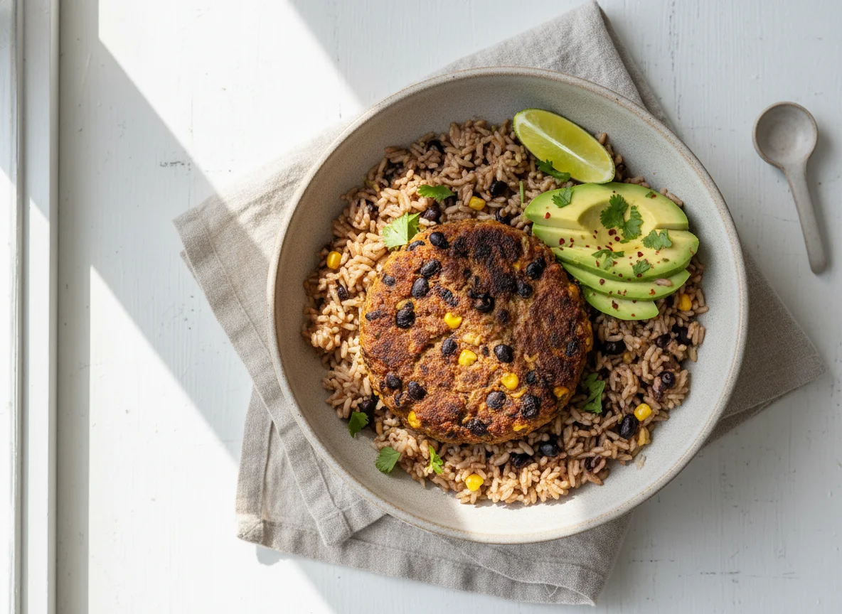 Veggie Burger Bowl with Rice and Avocado photo