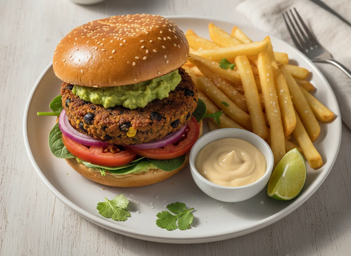 Veggie Burger with French Fries and Mayo photo