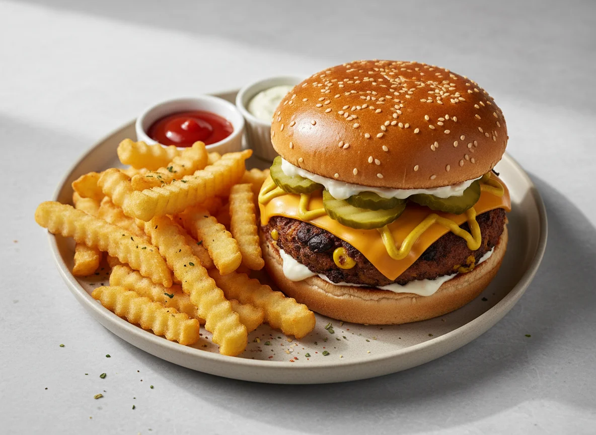 Veggie Burger with Fries and Sauces photo
