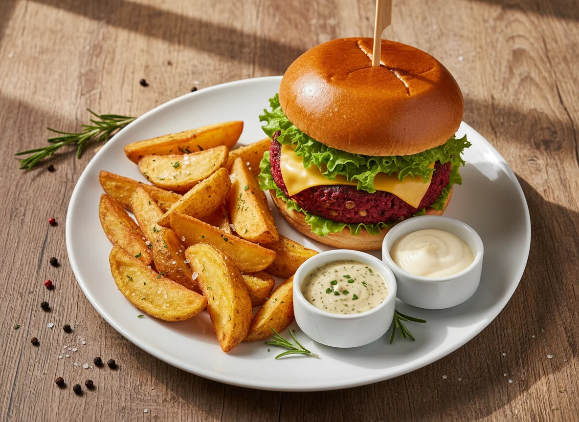 Veggie Burger with Potato Wedges and Dips photo