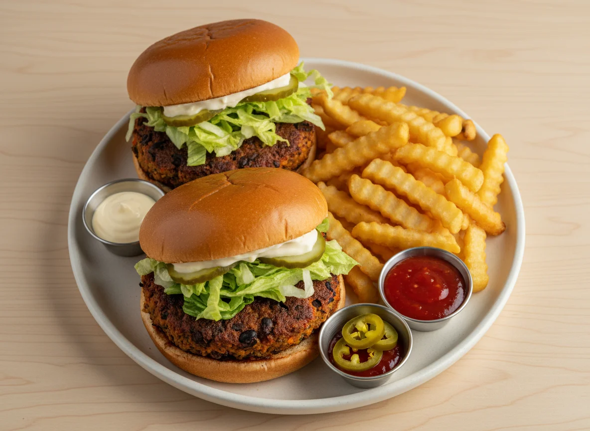 Veggie Burgers with Fries and Dips photo