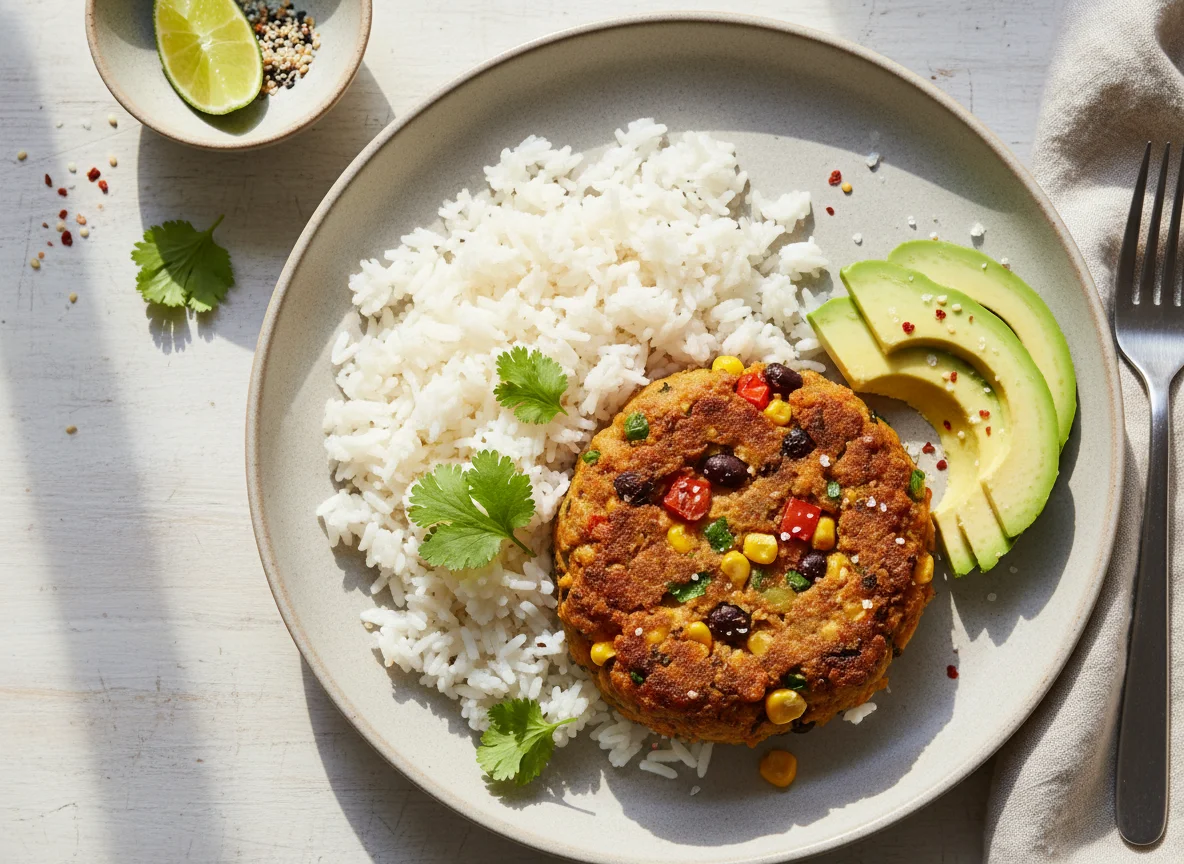 Veggie Patty with Rice and Avocado photo