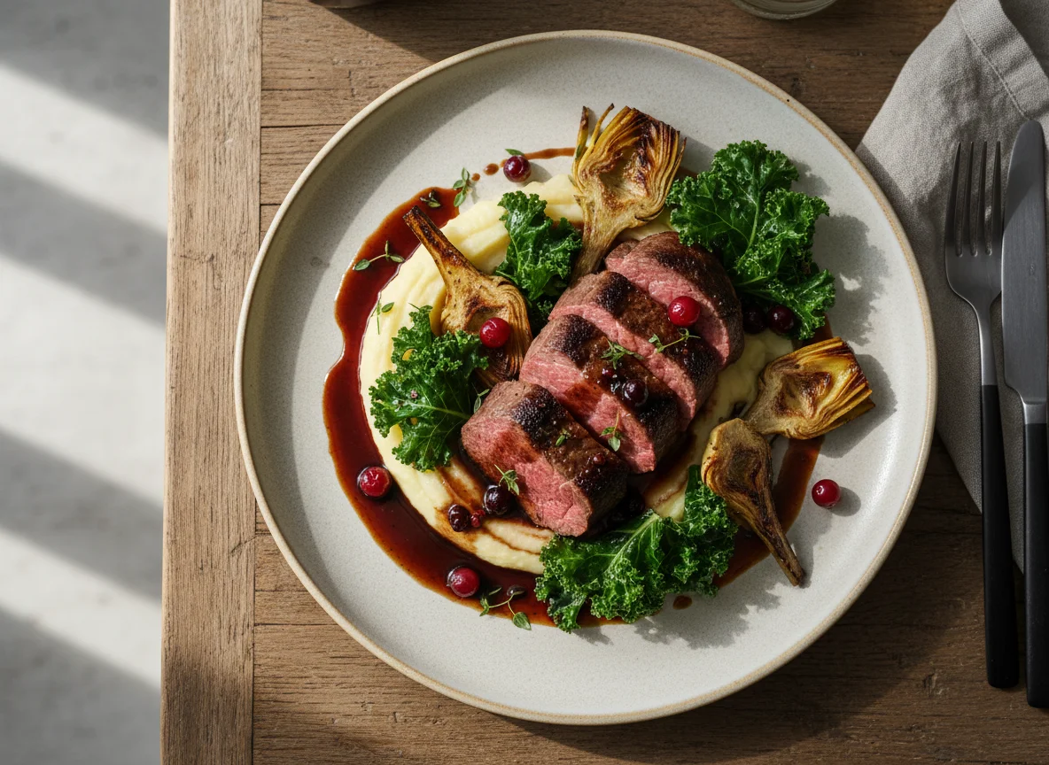 Venison artichoke and kale photo