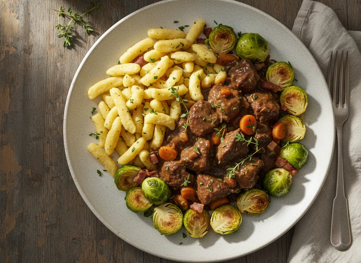 Venison Ragout with Spätzle and Brussels Sprouts photo