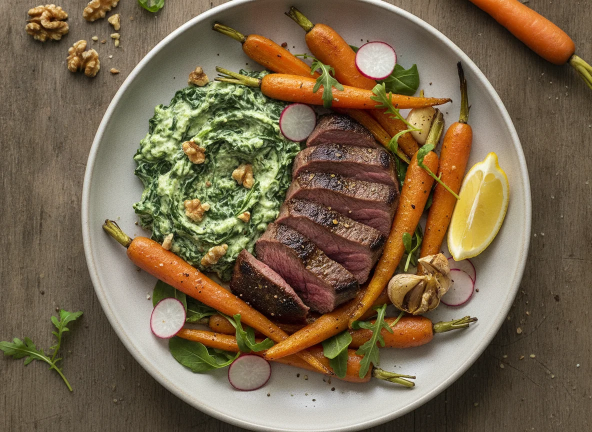 Venison Rump with Creamy Spinach and Roasted Carrots photo