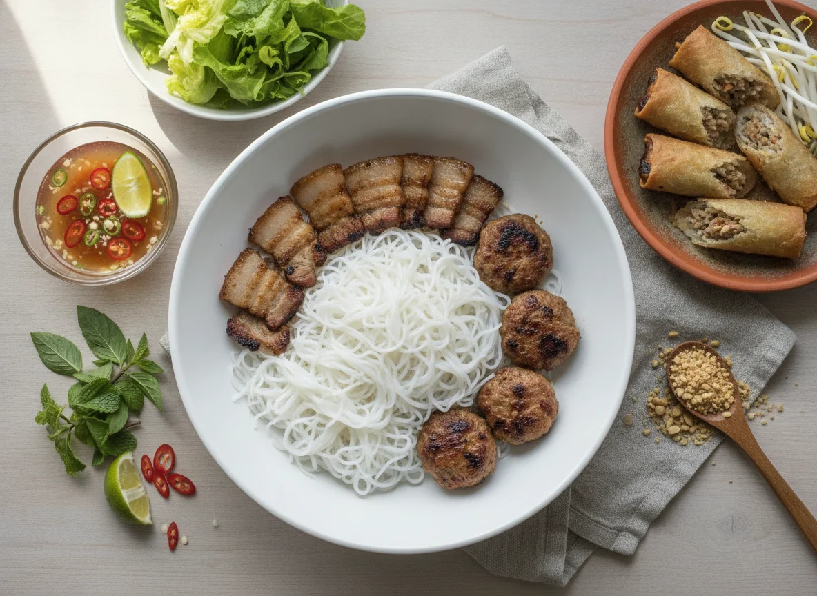 Vietnamese Bun Cha with Spring Rolls photo