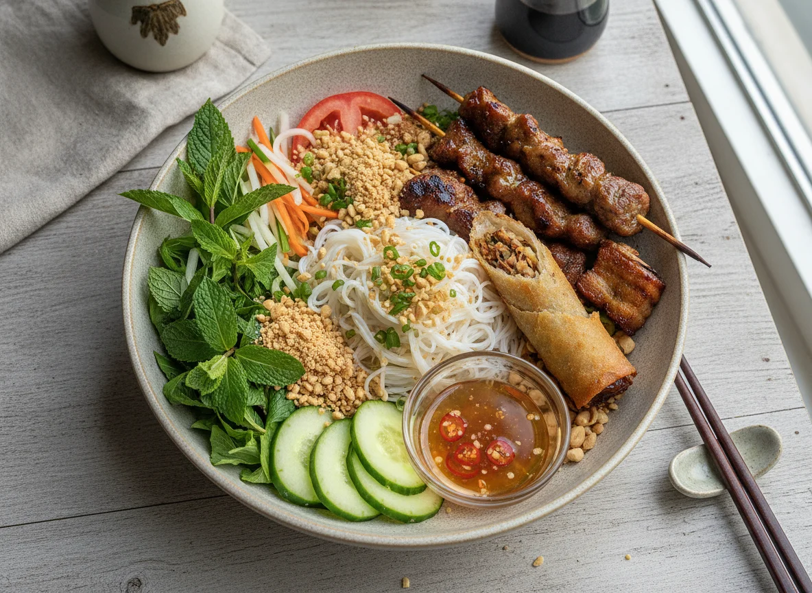 Vietnamese Bun Thit Nuong with Spring Roll photo