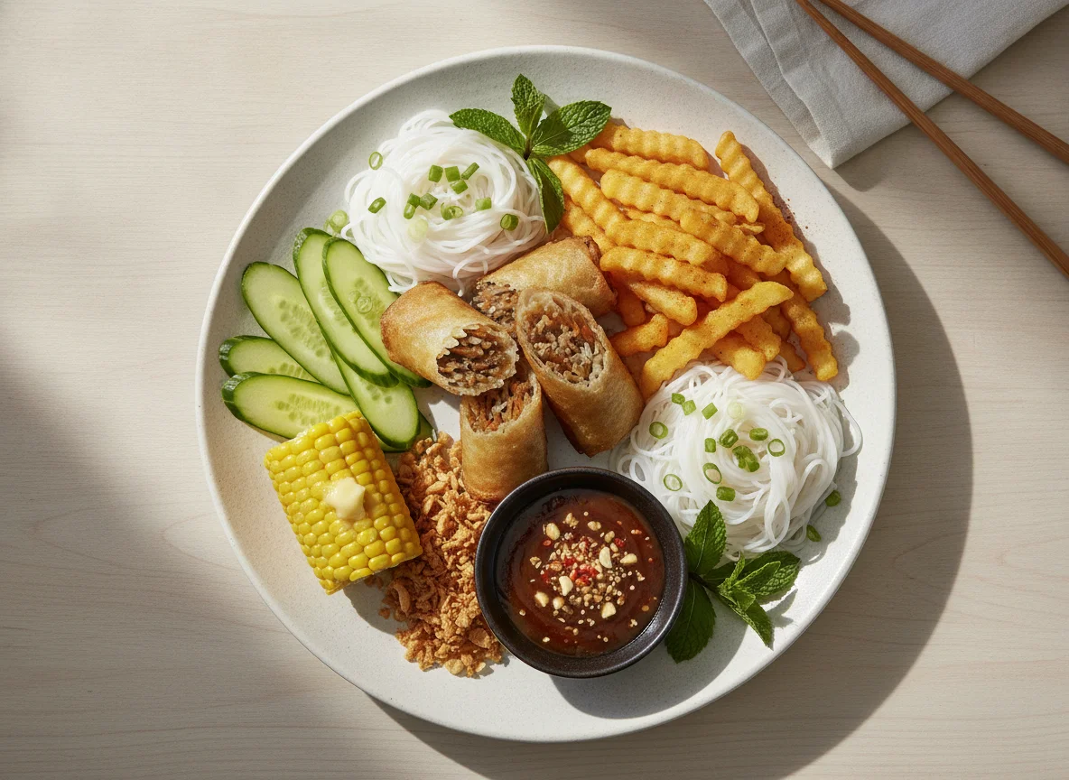 Vietnamese Fried Spring Rolls with Rice Noodles and Sides photo