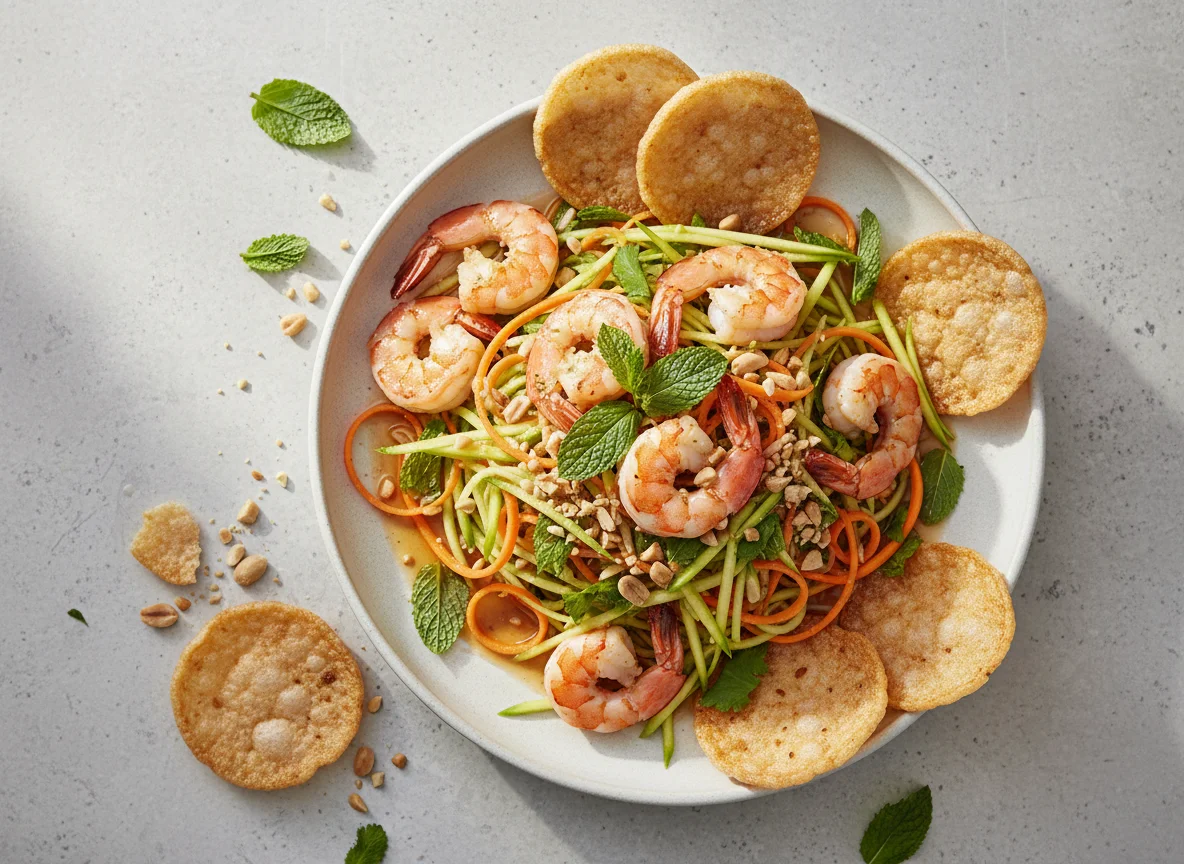 Vietnamese Green Mango Salad with Prawns and Rice Crackers photo