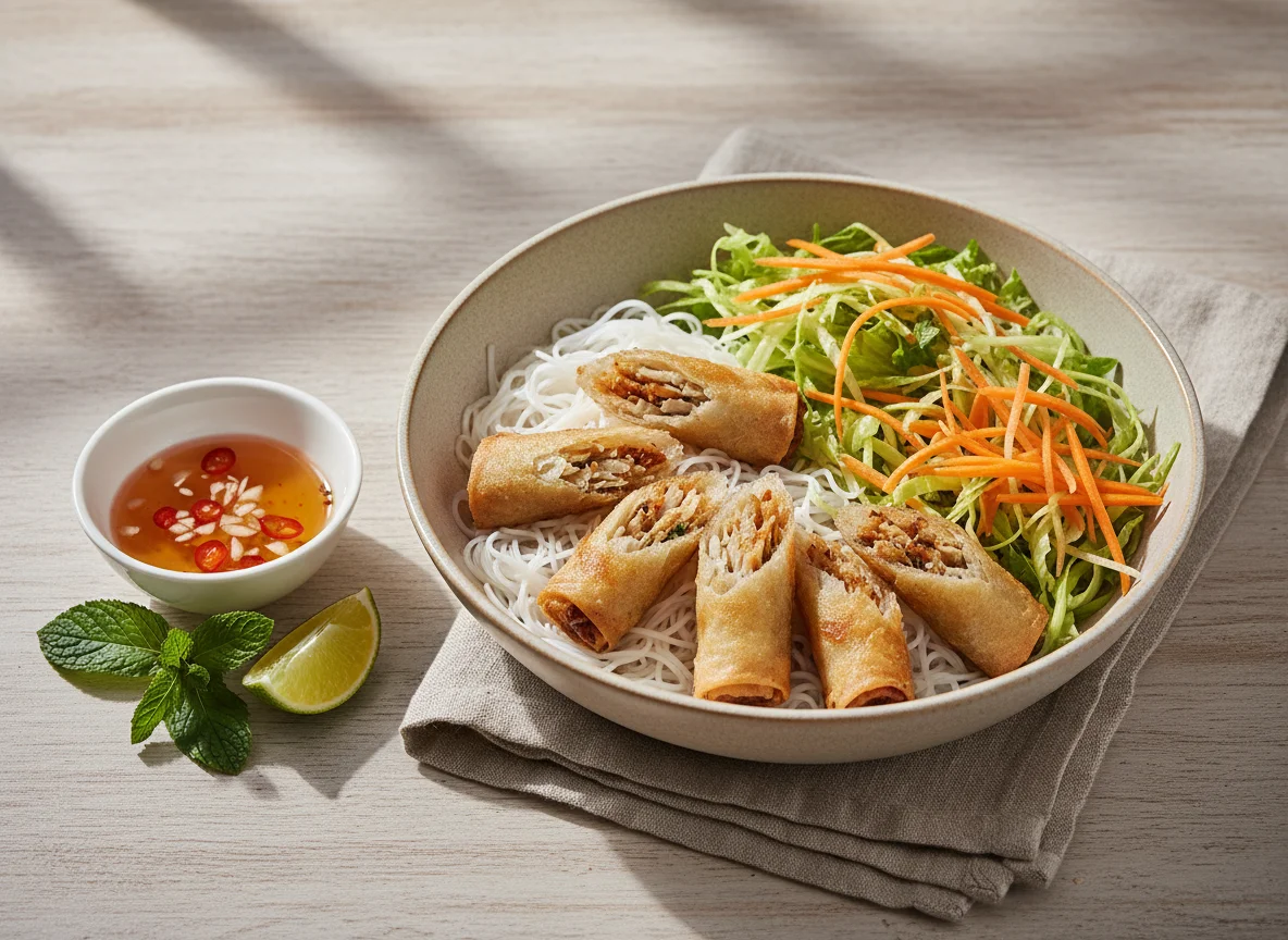 Vietnamese Noodle Bowl with Spring Rolls photo