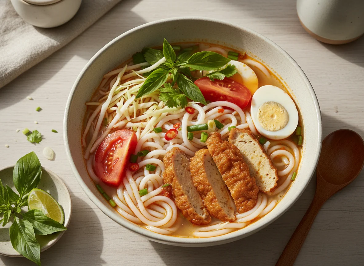 Vietnamese Noodle Soup with Fish Cake and Egg photo